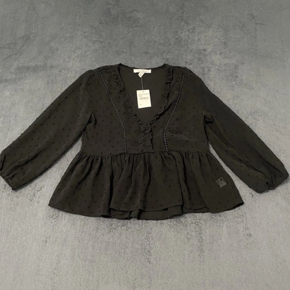 Love Tree Blouse Womens L Sheer Black Swiss Dot Peplum Hem Top Whimsigoth NWT
